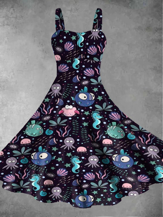 Women's cartoon underwater creature pattern design printed casual and fashionable sleeveless dress