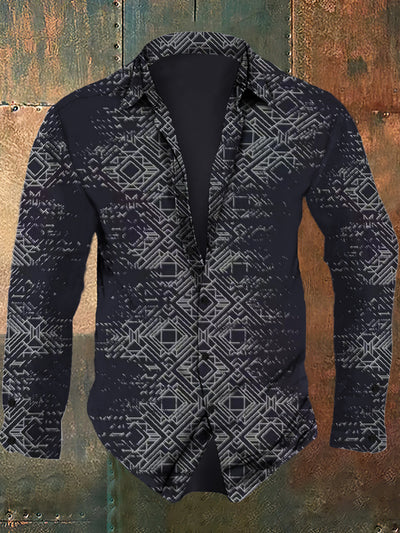 Men's retro abstract art printed casual fashion lapel long sleeved shirt