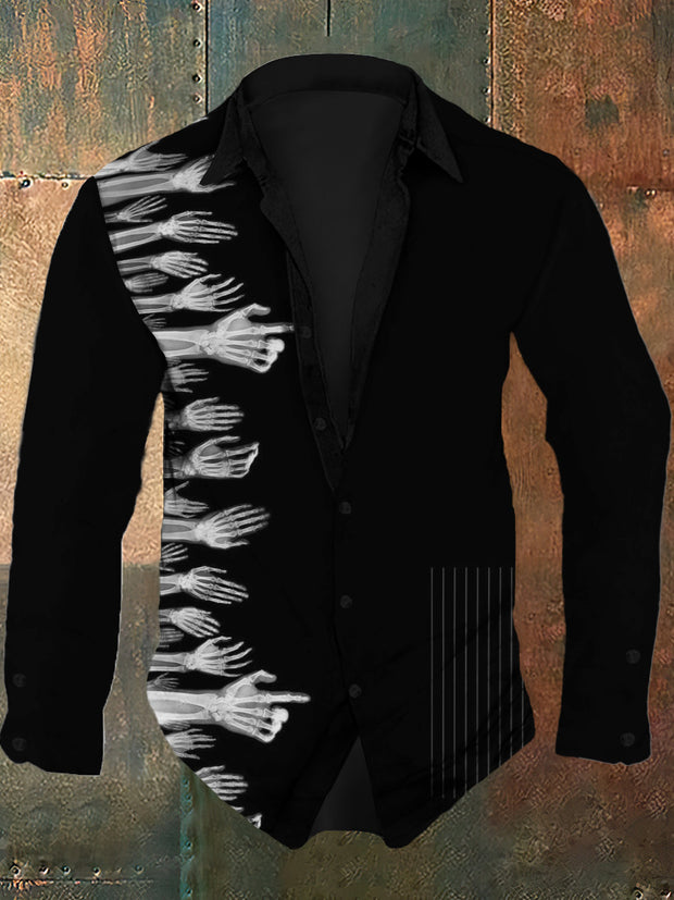 Men's retro abstract skeleton arm print casual fashion lapel long sleeved shirt