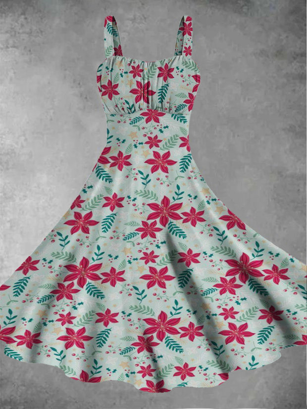 Women's Christmas floral retro printed casual and fashionable sleeveless dress