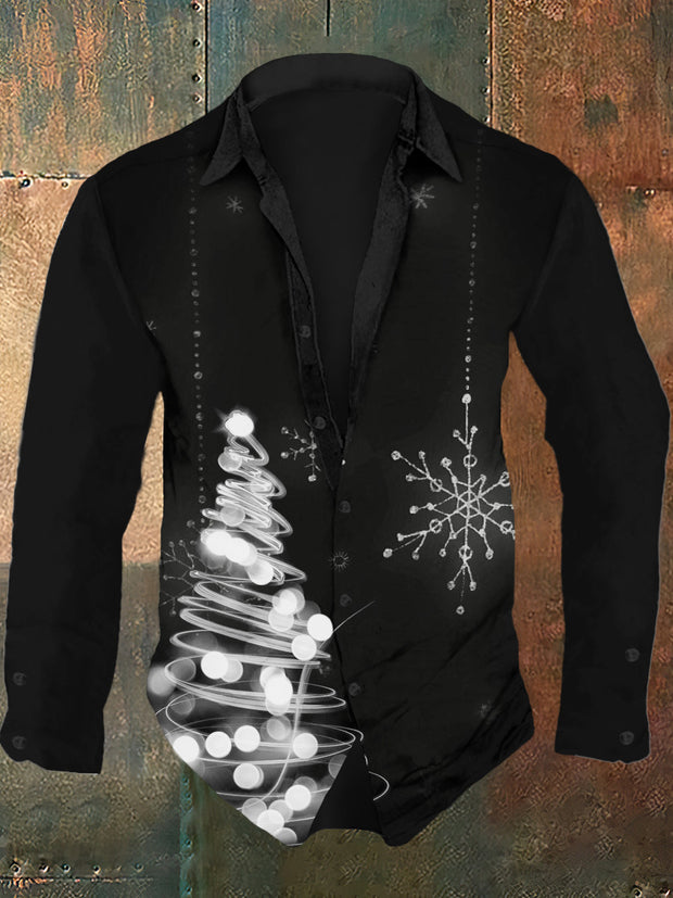 Men's Christmas Tree Snowflake Retro Printed Casual Fashion Collar Long Sleeve Shirt