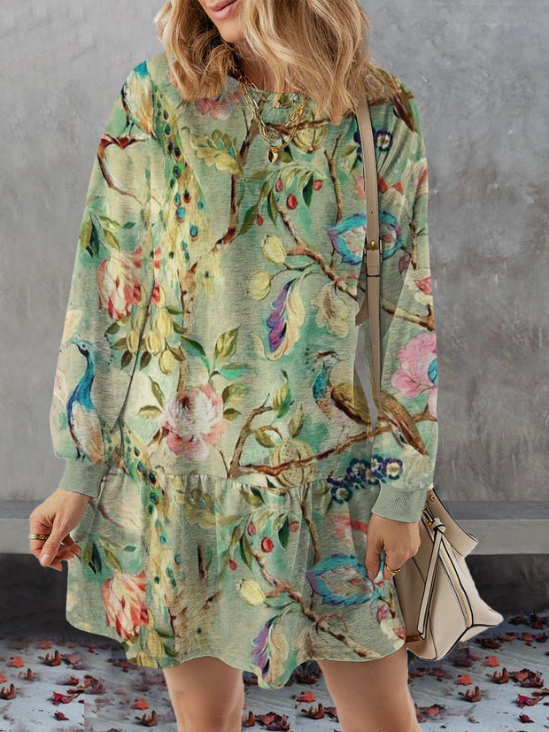 Women's Flowers Birds Abstract Print Casual Sweatshirt Dress