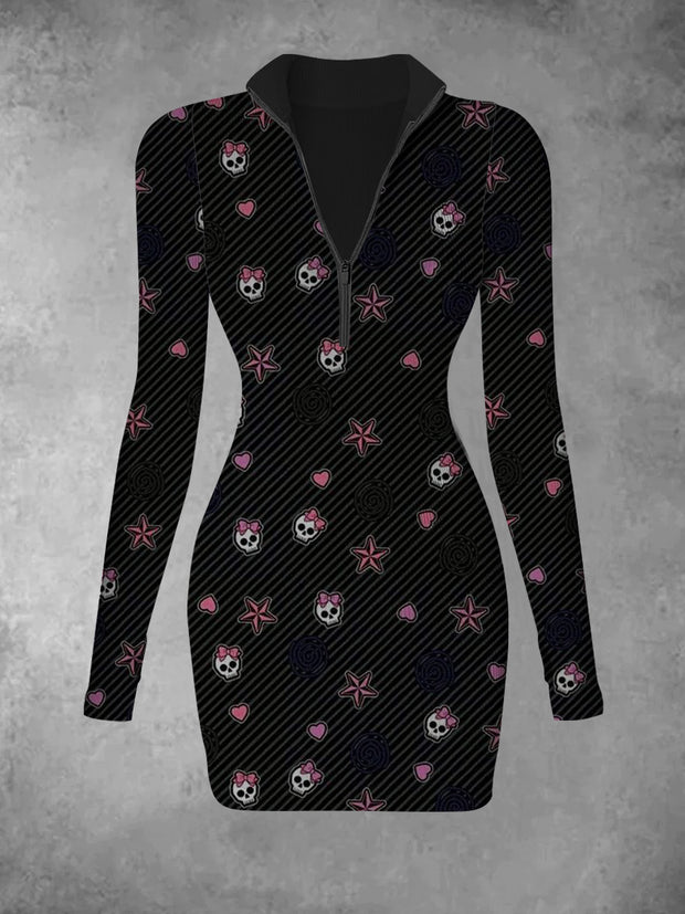 Women's heart-shaped skull print slim fit fashionable V-neck long sleeved dress