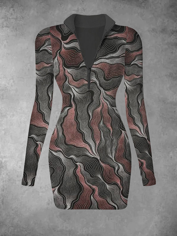 Women's Abstract Art Retro Printed Slimming Fashion V-neck Long Sleeve Dress