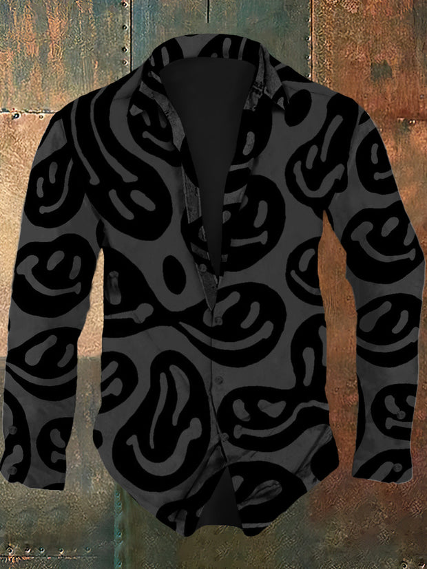 Men's retro abstract smiley face print casual fashion lapel long sleeved shirt