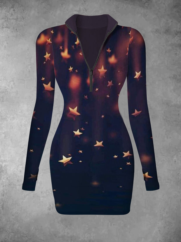 Women's retro starry sky print slim fit fashionable V-neck long sleeved dress