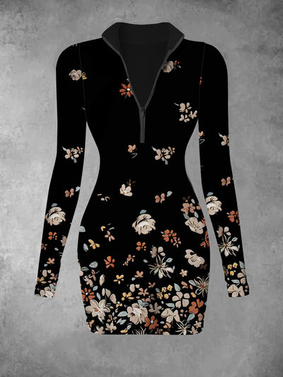 Women's retro floral print slim fit fashionable V-neck long sleeved dress