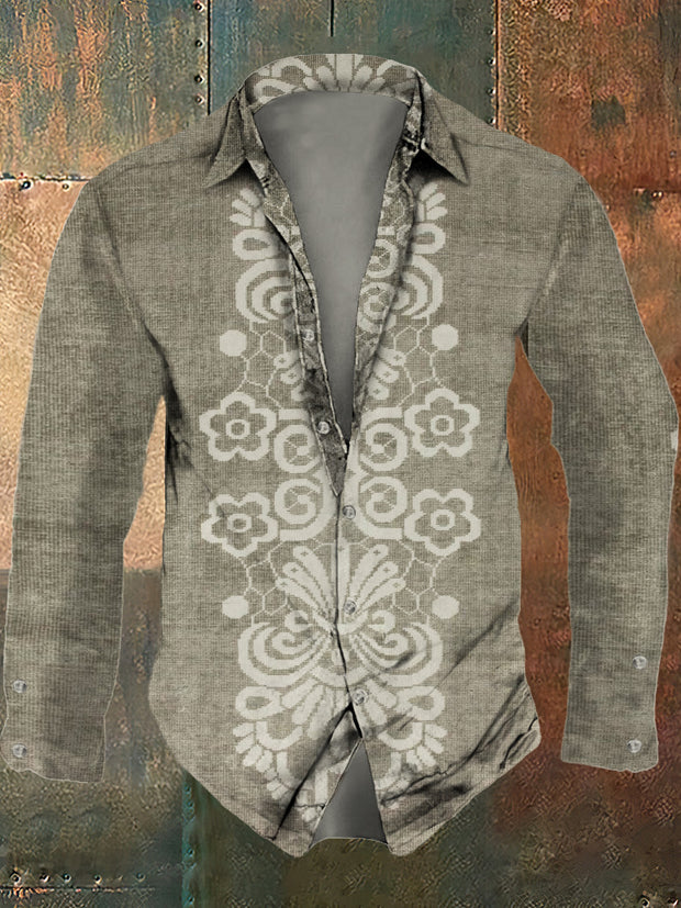 Men's retro abstract printed casual fashion lapel long sleeved shirt