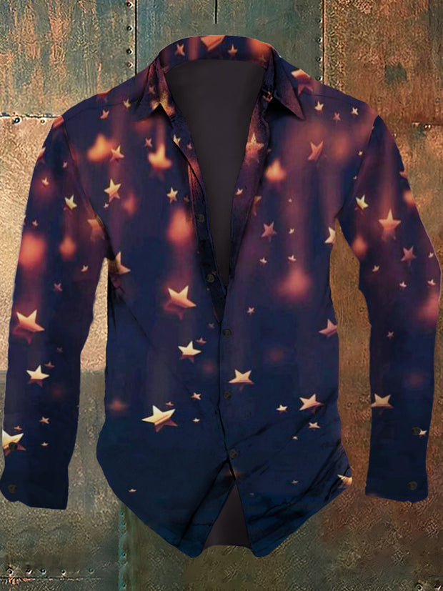 Men's retro starry sky print casual fashion lapel long sleeved shirt