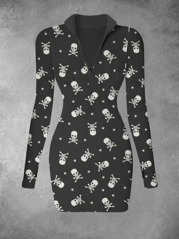 Women's retro skull print slim fit fashionable V-neck long sleeved dress