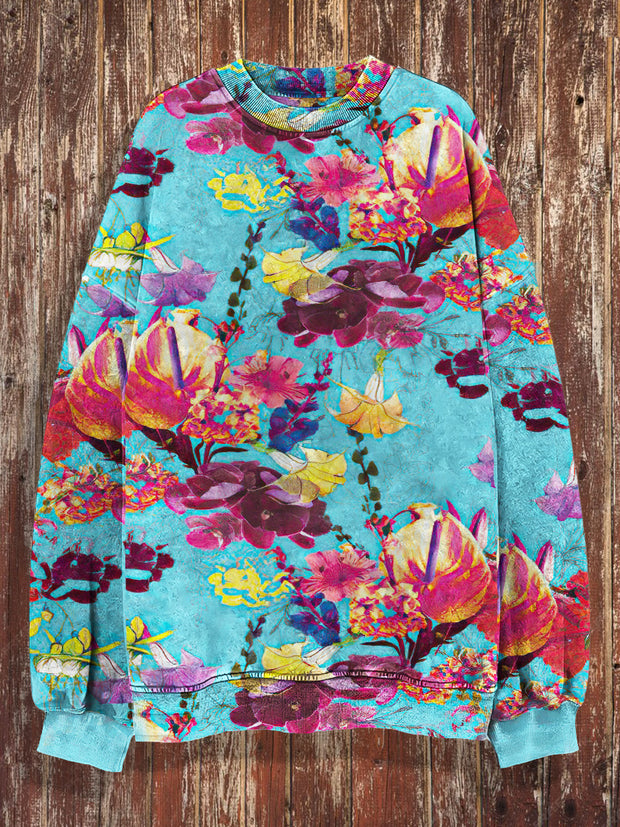 Unisex Abstract Flowers Print Crew Neck Casual Sweatshirt