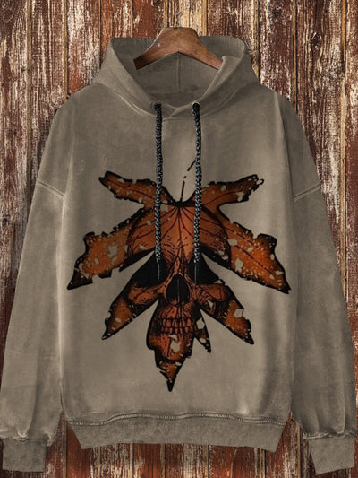 Unisex skull retro print casual loose long sleeved hooded sweatshirt