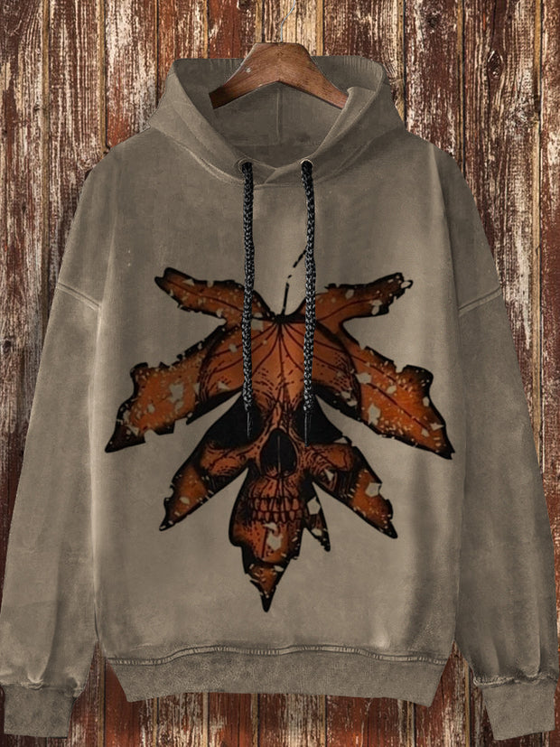 Unisex skull retro print casual loose long sleeved hooded sweatshirt