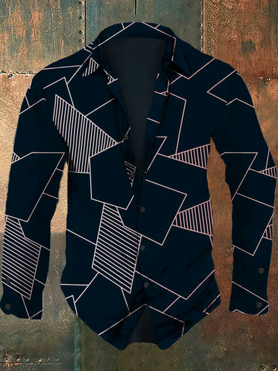 Men's retro geometric pattern printed casual fashion lapel long sleeved shirt