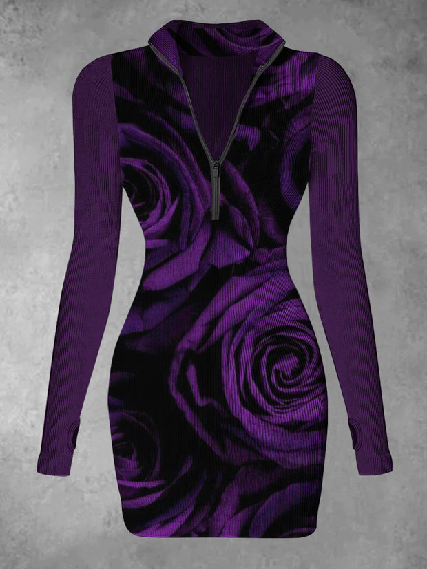 Women's Purple Rose Abstract Print Casual Long Sleeve Mini Dress