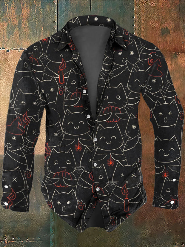 Men's Lovely Cats Line Printing Long Sleeve Shirt