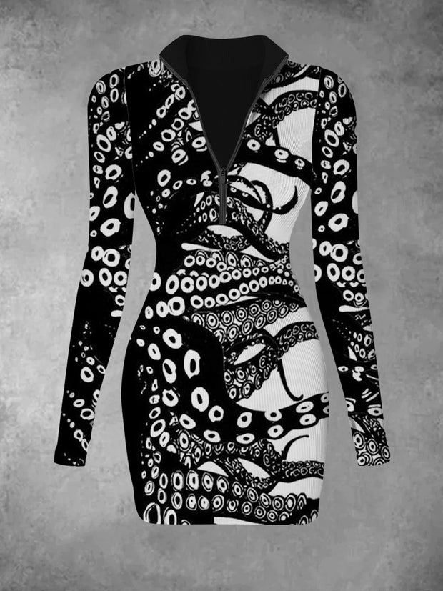 Women's retro abstract art printed casual fashion V-neck slim fit long sleeved dress