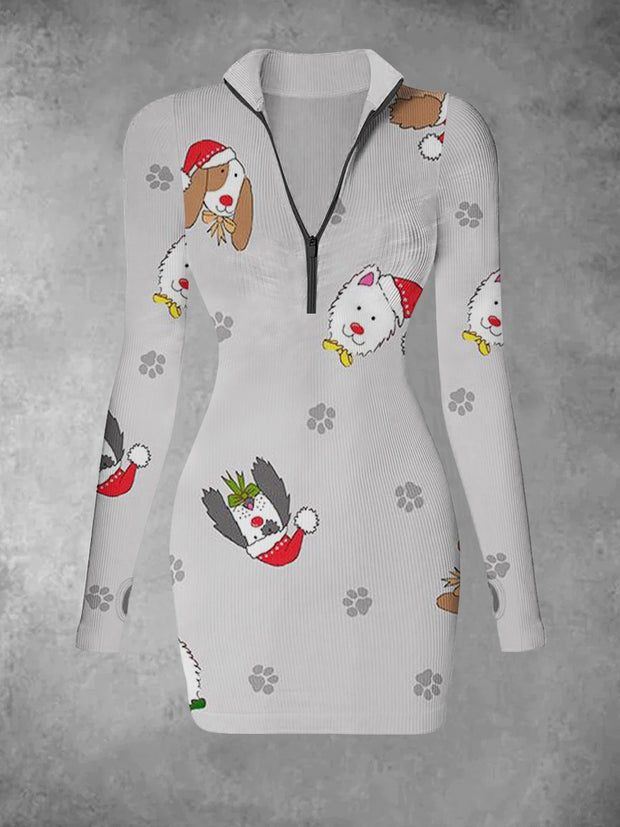 Women's retro Christmas cartoon print casual fashion V-neck slim fit long sleeved dress