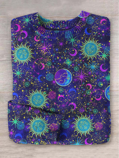 Unisex Sun Moon Celestial Print Casual Crew Neck Sweater