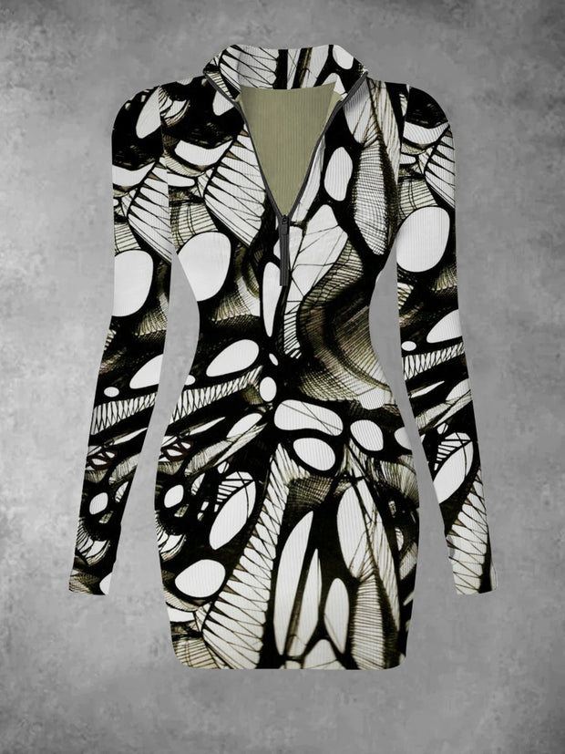 Women's retro abstract printed casual fashion V-neck slim fit long sleeved dress