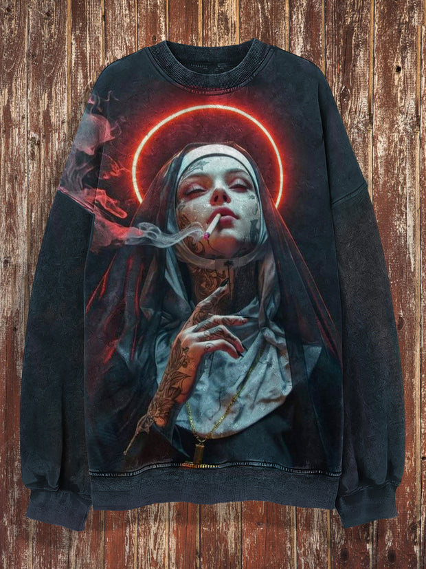 Unisex Bad Nun Christmas Print Crew Neck Casual Sweatshirt