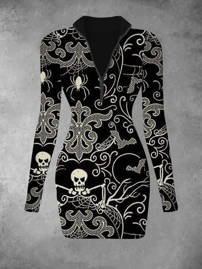 Women's retro skull floral print casual fashion V-neck slim fit long sleeved dress