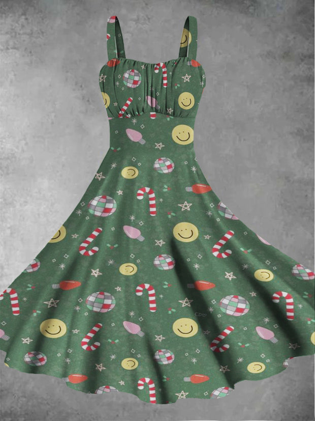 Women's Retro Christmas Cartoon Pattern Printed Casual Fashion Sleeveless Dress