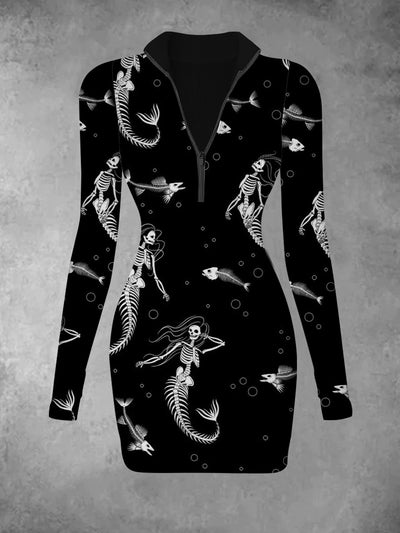 Women's abstract fishbone print casual fashion V-neck slim fit long sleeved dress