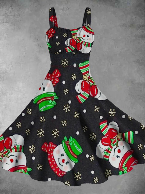 Women's retro Christmas snowman print casual and fashionable sleeveless dress