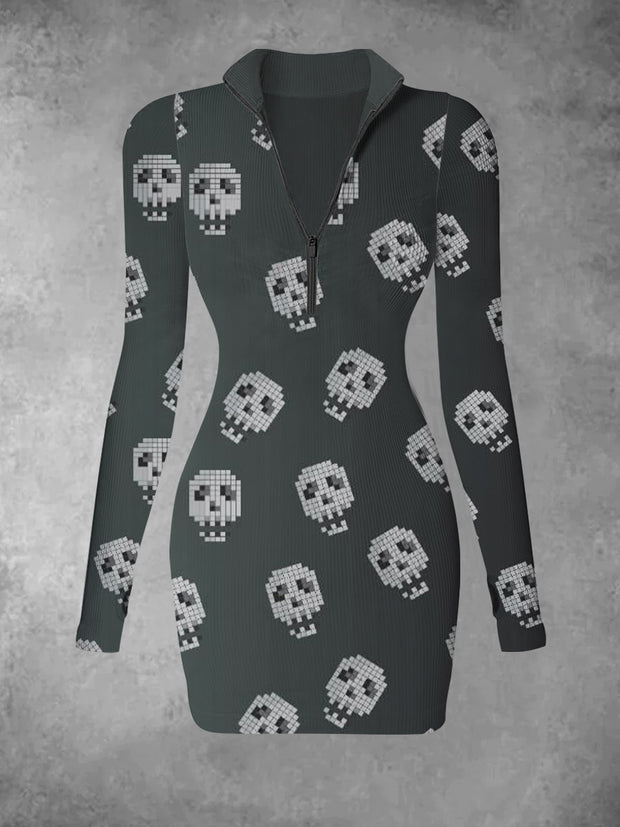 Women's retro skull print casual fashion V-neck slim fit long sleeved dress