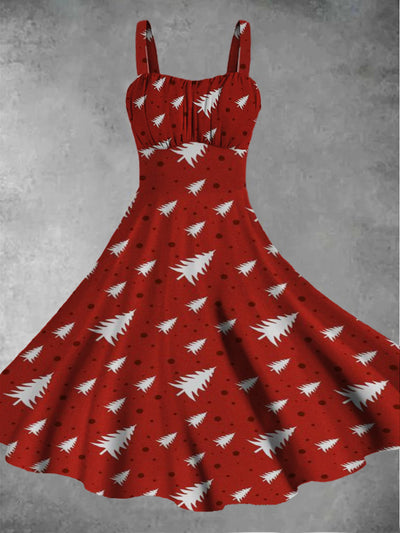 Women's retro Christmas tree print casual and fashionable sleeveless dress