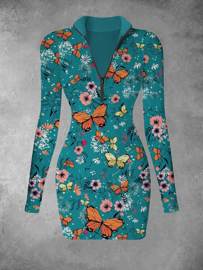 Women's retro butterfly floral print casual fashion V-neck slim fit long sleeved dress