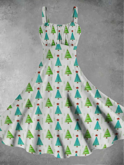 Women's retro Christmas tree print casual and fashionable sleeveless dress