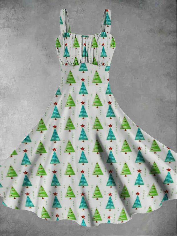 Women's retro Christmas tree print casual and fashionable sleeveless dress