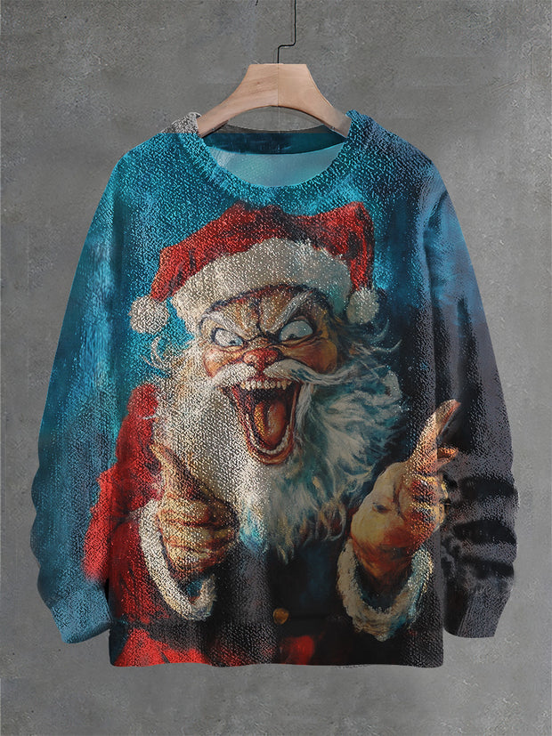 Vintage Weird Santa Claus Print Casual Knit Pullover Sweater