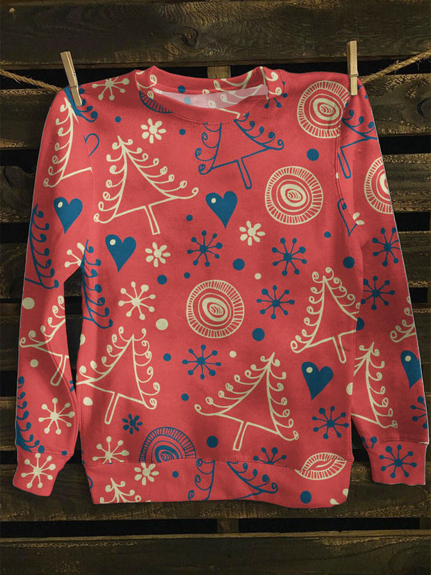 Unisex Abstract Trees And Snowflakes Line Print Long Sleeve Sweatshirt