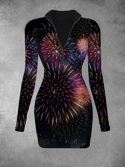 Women's retro fireworks art print casual fashion V-neck slim fit long sleeved dress