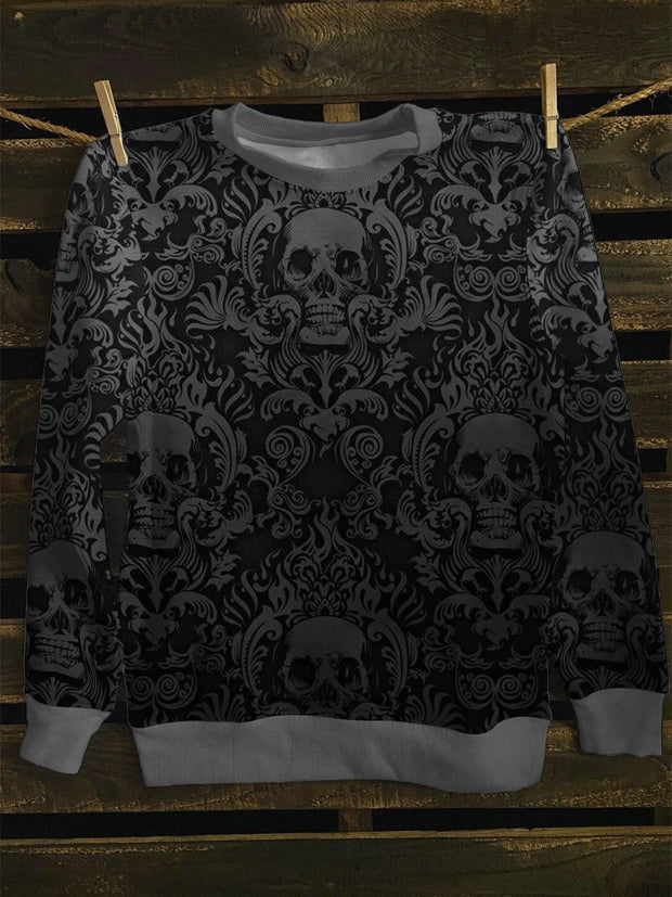 Unisex Skull And Flower Print Long Sleeve Sweatshirt