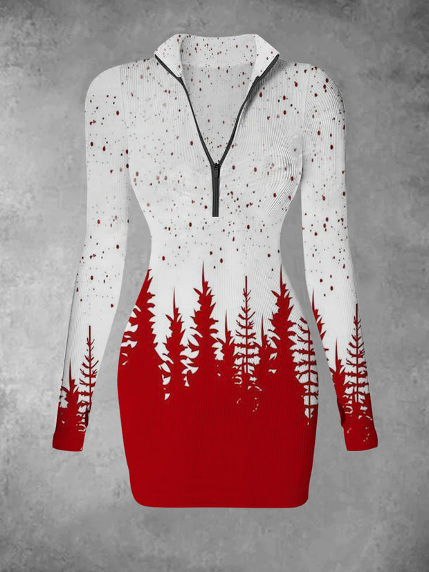 Women's Christmas tree print casual and fashionable V-neck slim fit long sleeved dress