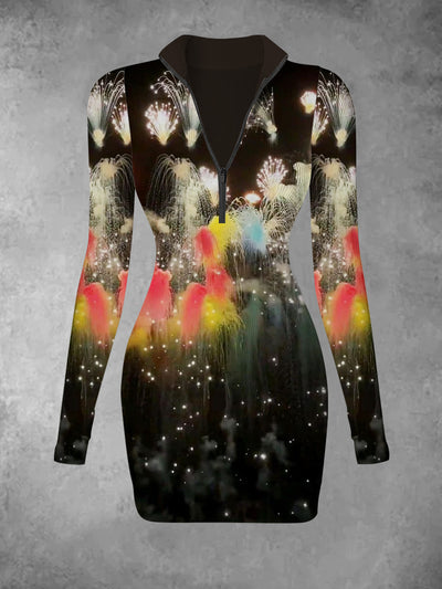 Women's retro fireworks art print casual fashion V-neck slim fit long sleeved dress