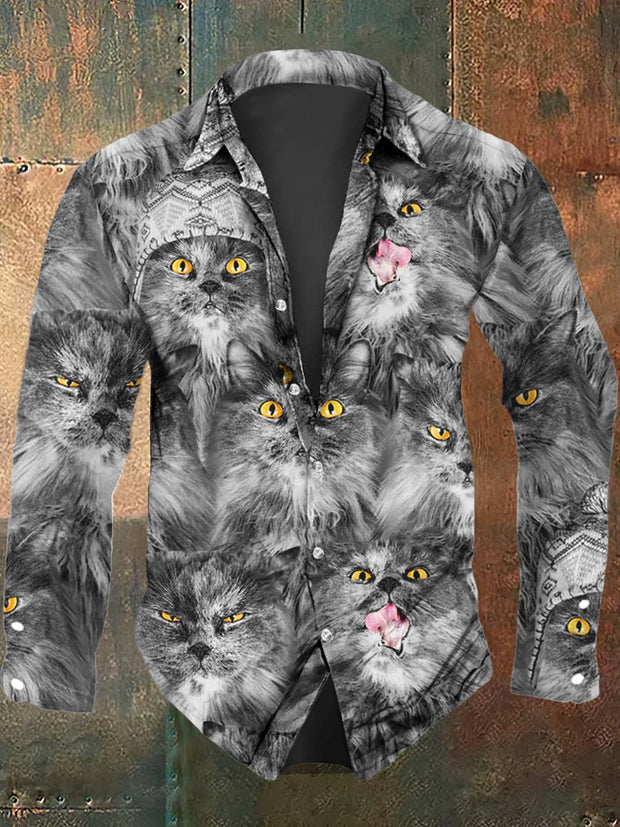 Men's Cute Abstract Cat Print Casual Long Sleeve Shirt