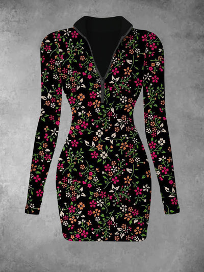 Women's retro floral art pattern design printed casual fashion V-neck slim fit long sleeved dress