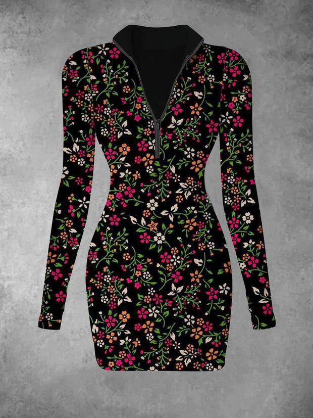 Women's retro floral art pattern design printed casual fashion V-neck slim fit long sleeved dress