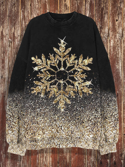 Unisex Golden Snowflakes Print Christmas Crew Neck Casual Sweatshirt