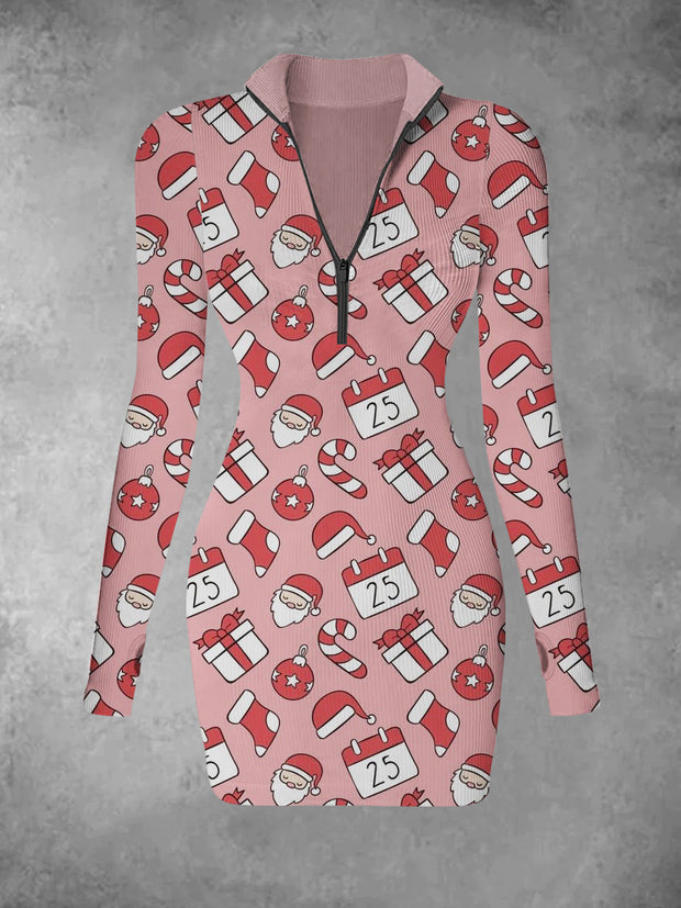 Women's Christmas retro cartoon print casual fashion V-neck slim fit long sleeved dress