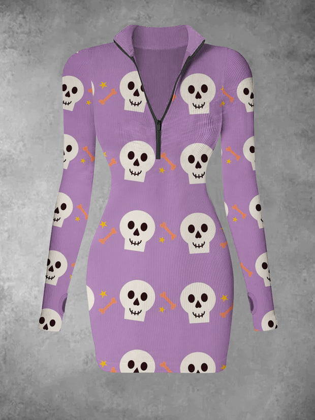 Women's retro skull print casual fashion V-neck slim fit long sleeved dress