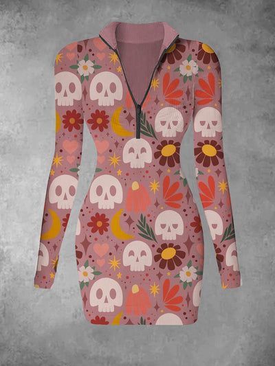 Women's retro floral skull print casual fashion V-neck slim fit long sleeved dress