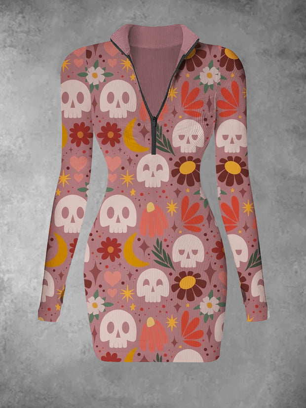 Women's retro floral skull print casual fashion V-neck slim fit long sleeved dress