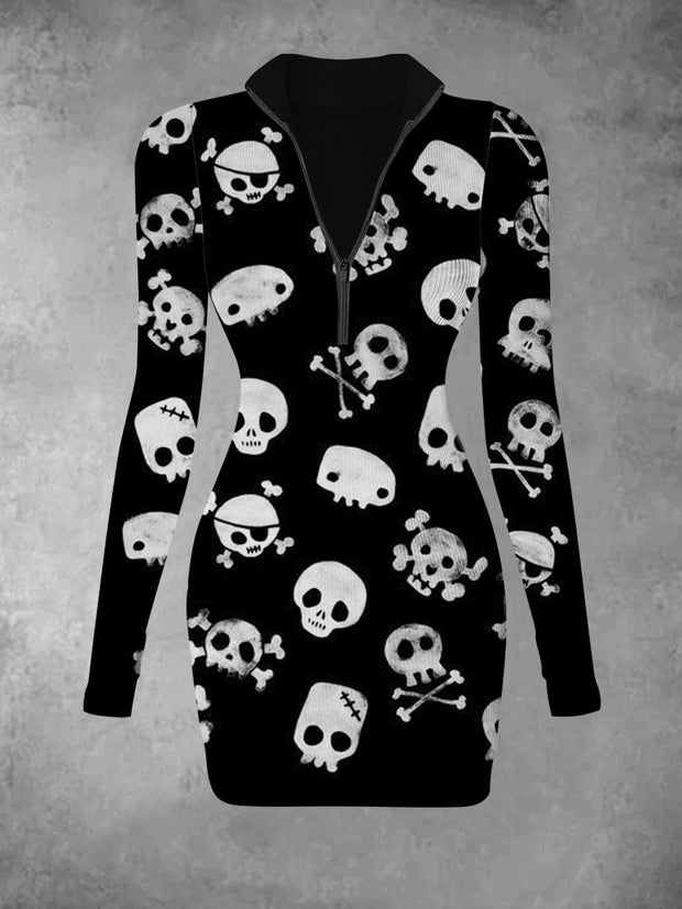 Women's retro skull print casual fashion V-neck slim fit long sleeved dress