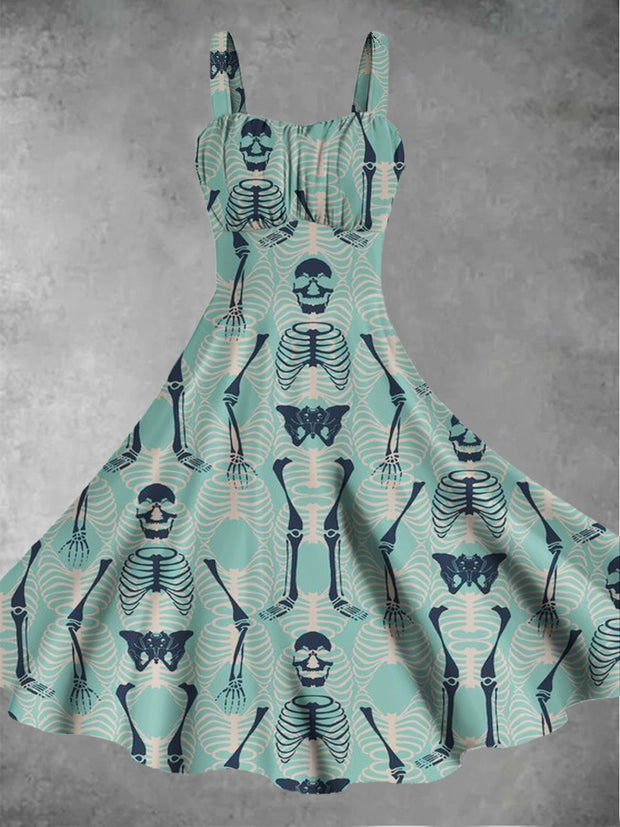 Women's retro skull pattern printed casual and fashionable sleeveless dress